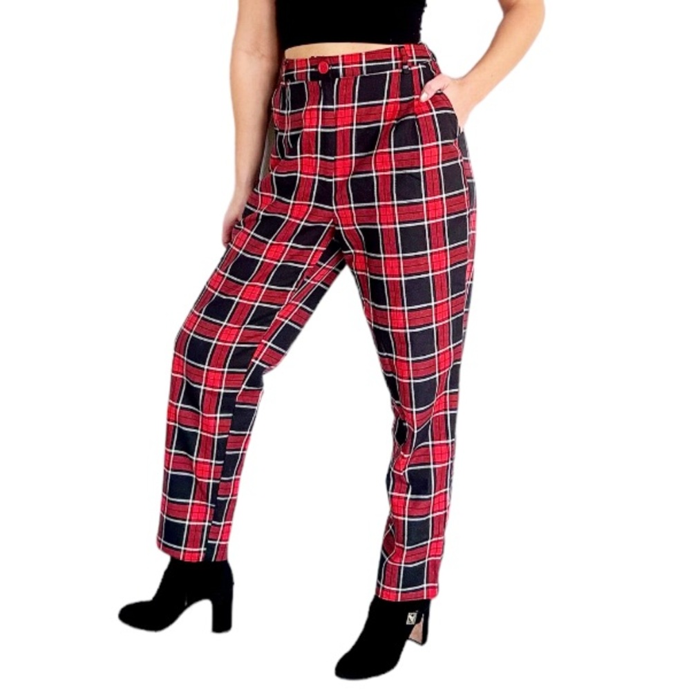 Black Friday red plaid high rise tapered ankle cotton blend pants size 10